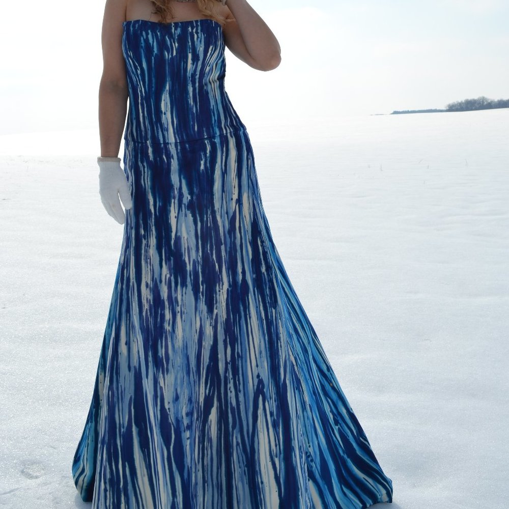 NEW silk Monique Lhuillier painted couture Wedding Dress white blue ivory tiedye - Picture 9 of 16